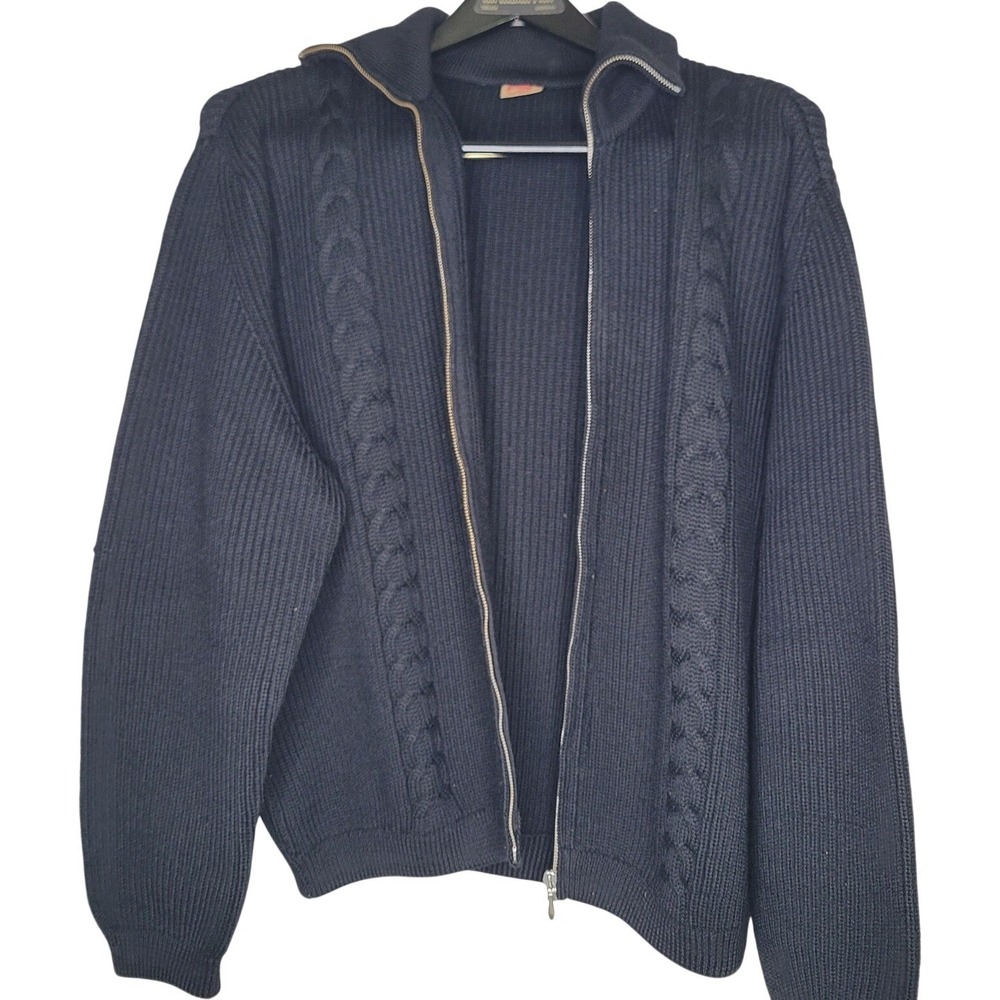 Vintage Bleyle Black Mock Neck Full Zip Cable Knit German Wool Sweater Men's L